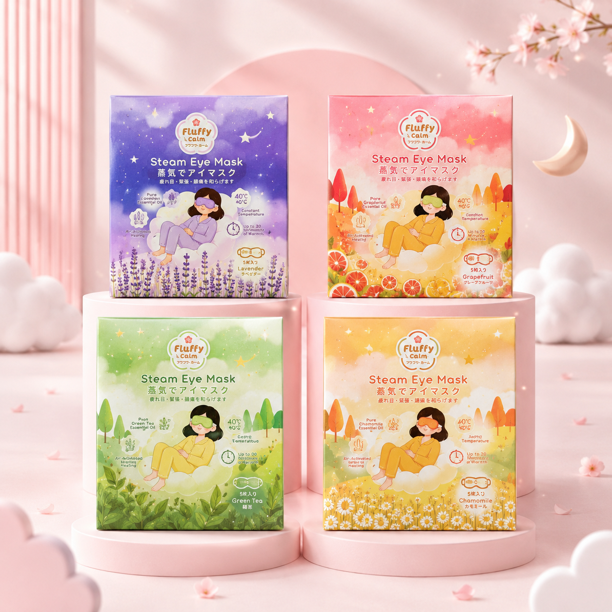 Fluffy Calm Steam Eye Masks in Lavender, Grapefruit, Green Tea and Chamomile